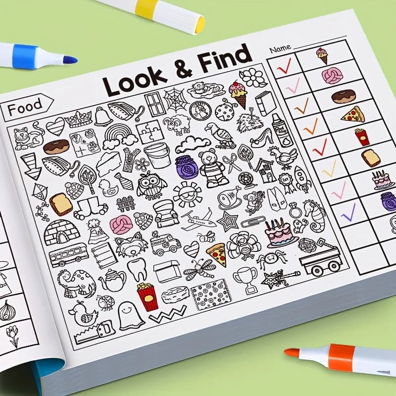 Livre de coloriage pour enfants avec des objets à trouver, comprenant plus de 100 pages à colorier et à explorer – cahier d’activités interactif pour trouver et colorier, idéal pour l’école, la maison et les voyages – livre de jeux éducatifs.